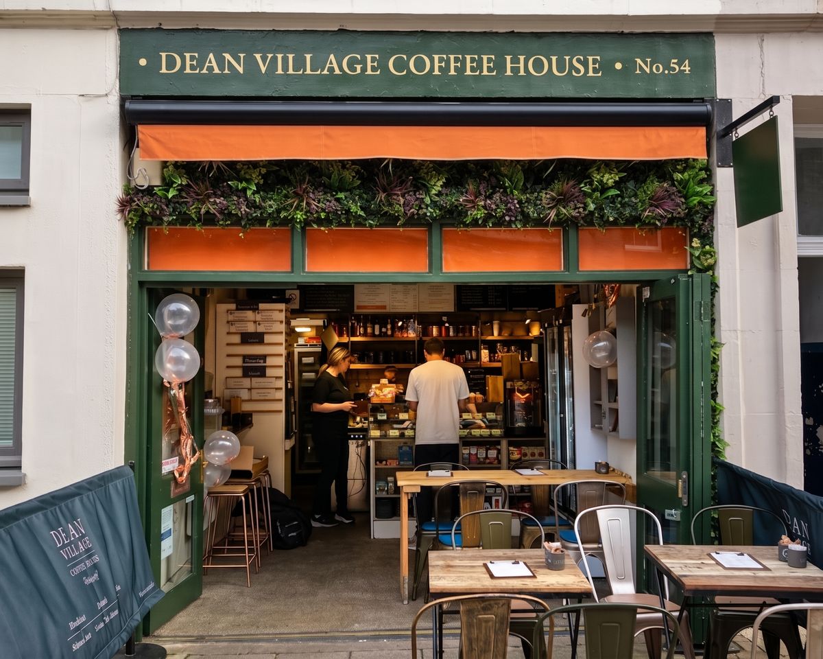 Dean Village Coffee House at 54 Belford Road: a green shopfront with an orange awning, the door open onto tables and stools on the pavement.