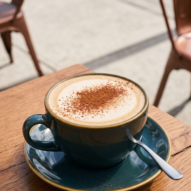 Cappuccino dusted with cocoa on the wooden table outside