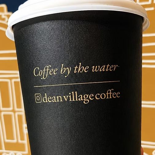 Branded cup with line art illustration of Dean Village