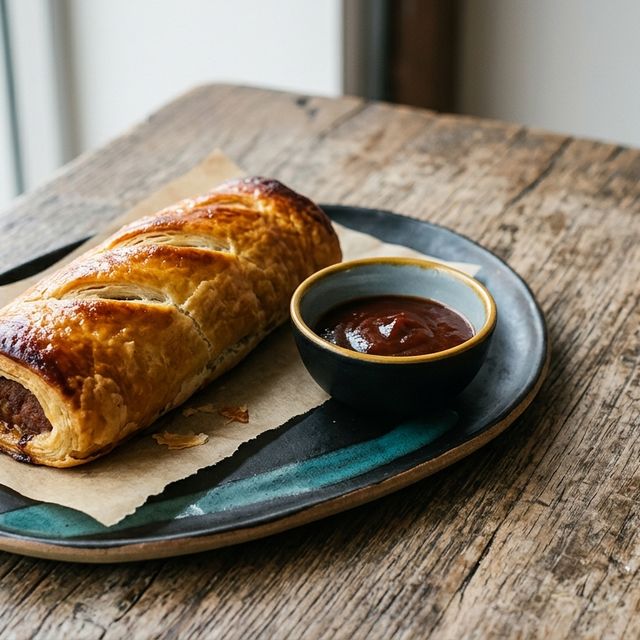 Golden sausage roll with a little bowl of chutney