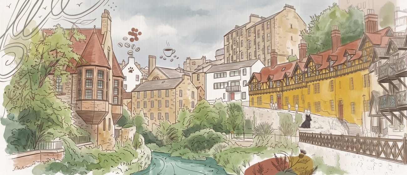Watercolour sketch of Dean Village: Well Court's yellow facade above the Water of Leith, a Scottie and a Westie on the wall by the railing
